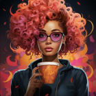 Vibrant pink hair woman with bold makeup holding a cup on dark background