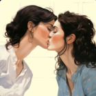 Stylized image of two women in close embrace kissing tenderly