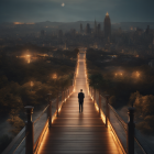 Solitary figure walking on well-lit bridge towards foggy cityscape at dusk