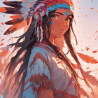 Vibrant Native American headdress with feathers and beadwork against sky-blue backdrop