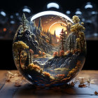 Glass sculpture of forest scene with trees, waterfall, sun, and bokeh lights