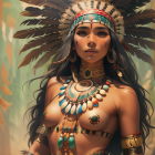 Woman in Native American headdress and jewelry against natural backdrop