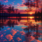 Vibrant pink and orange sunset reflected on calm lake with tree silhouettes