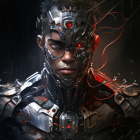 Female cyborg with intricate mechanical parts and braided hair.