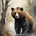 Realistic brown bear painting in birch forest with detailed fur and autumn leaves