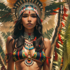 Colorful Native American headdress with intricate beadwork and feathers against vibrant backdrop