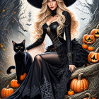 Digital artwork of woman as witch with pumpkins and black cat in autumn.