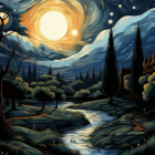 Starry nightscape painting with moon, path, and pine trees