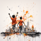 Children in orange shirts jumping amid colorful cityscape paint splashes