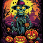 Colorful Halloween Skeleton with Witch Hat and Spooky Elements