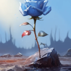 Blue rose with green leaves in clear bubble on stone, twilight backdrop.