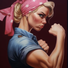 Muscular woman with blonde hair flexing biceps on burgundy background.