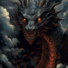 Majestic dragon with horns and glowing red eyes in stormy clouds