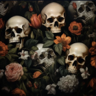 Colorful flowers with human skulls on dark background