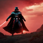 Sith Lord with red lightsaber in dramatic landscape