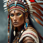 Native American-inspired woman with headdress and face paint in earthy tones