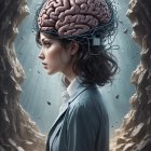 Surreal illustration: woman with exposed brain in head silhouette