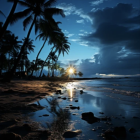 Twilight beach scene with palm tree silhouette and glowing sunset