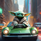 Digital illustration: Baby Yoda-like character in vintage car on street