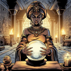 Regal woman in turban and jewelry with glowing sphere and candles