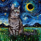 Tabby cat with Van Gogh-inspired night sky portrait