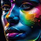 Vibrant multicolored body paint on person's face under dramatic lighting