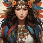 Detailed Native American headdress illustration with feathers, beads, and jewelry.