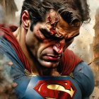 Detailed Illustration of Superman with Damaged Suit and Robotic Features