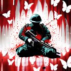 Soldier in combat gear surrounded by falling petals and white butterflies on red backdrop