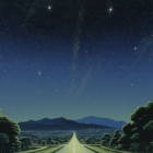 Vivid landscape with starry night, winding roads, mountain silhouettes, and bright moon