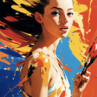 Colorful portrait of a woman with paintbrushes and expressive brush strokes