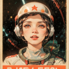 Vintage-style poster featuring woman in spacesuit against starry background with Cyrillic text