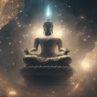 Meditating Buddha statue with cosmic background.