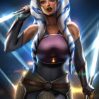 Figure in Grey and Red Outfit with Lightsaber Hilt and Face Paint