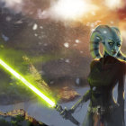 Stylized female character with green lightsaber in snowy landscape