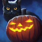 Black cat with glowing yellow eyes next to carved pumpkin under crescent moon