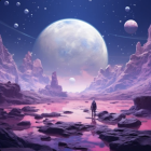 Person standing on pink alien shore under twilight sky with moons and planets.