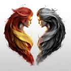 Stylized female faces in fiery and watery colors with flowing hair