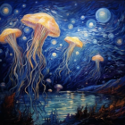 Surreal artwork: Glowing jellyfish in starry night scene