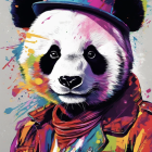 Colorful artwork of a panda in blue hat and multicolored jacket