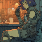 Futuristic female character with blue hair and mechanical arm in military-style coat against industrial backdrop