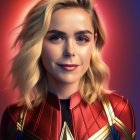 Blonde Woman in Captain Marvel Costume on Cosmic Background