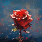 Detailed Red Rose Against Swirling Blue Background