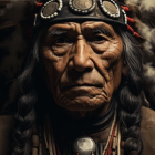 Detailed Native American headdress with feathers, beads, and face paint on person.