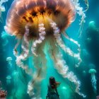 Child observing large translucent jellyfish in underwater scene