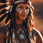 Feathered Headdress and Beaded Jewelry Portrait in Warm Light