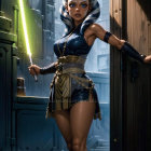 Detailed Ahsoka Tano Cosplay with Green Lightsaber in Futuristic Corridor