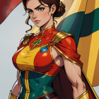 Female superhero in red and gold costume with green accents and cape against cloudy sky.