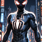 Detailed Spider-Man Costume Against City Skyline Background