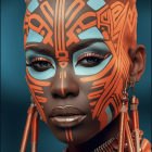 Intricate orange and white face paint on woman with regal head wrap